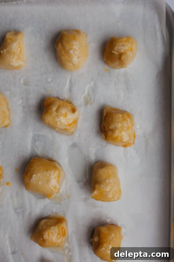 Irresistible Pretzel Bites and Cheesy Dip 5 Unbaked pretzel bites on a tray