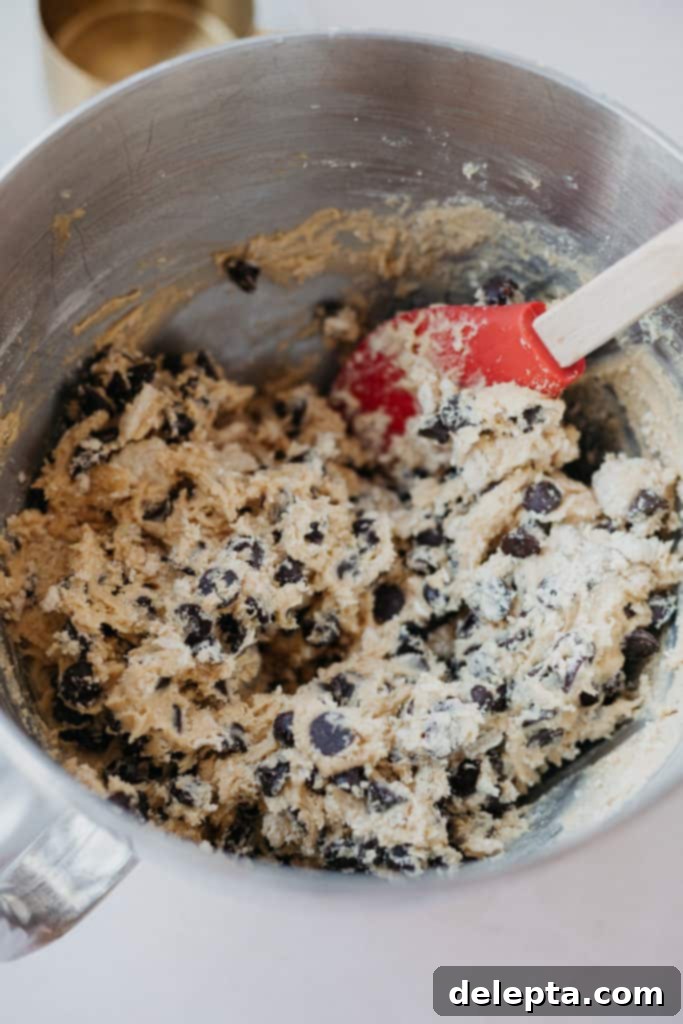 Halva Chocolate Chip Cookie Giants 6 Bowl of finished halva chocolate chip cookie dough, rich with chocolate and halva chunks, ready for shaping.