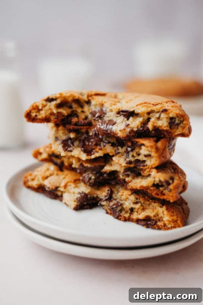 Halva Chocolate Chip Cookie Giants 8 Four halves of thick halva chocolate chip cookies stacked on a small white plate, showcasing their gooey centers and rich mix-ins.