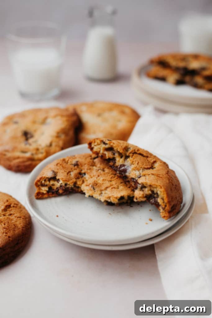 Halva Chocolate Chip Cookie Giants 9 A stack of golden brown halva chocolate chip cookies on a white plate, showcasing their thick, rustic edges and inviting texture.