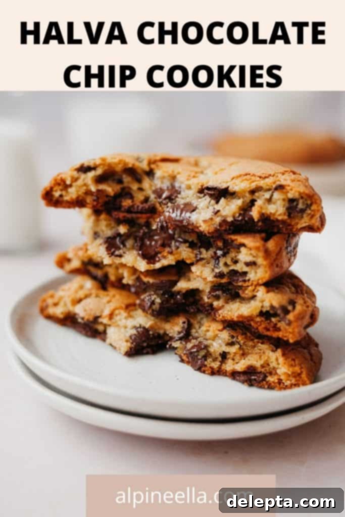 Halva Chocolate Chip Cookie Giants 10 A vibrant Pinterest-friendly image featuring a large halva chocolate chip cookie with a gooey center and text overlay: 'Levain Bakery Style Halva Chocolate Chip Cookies'