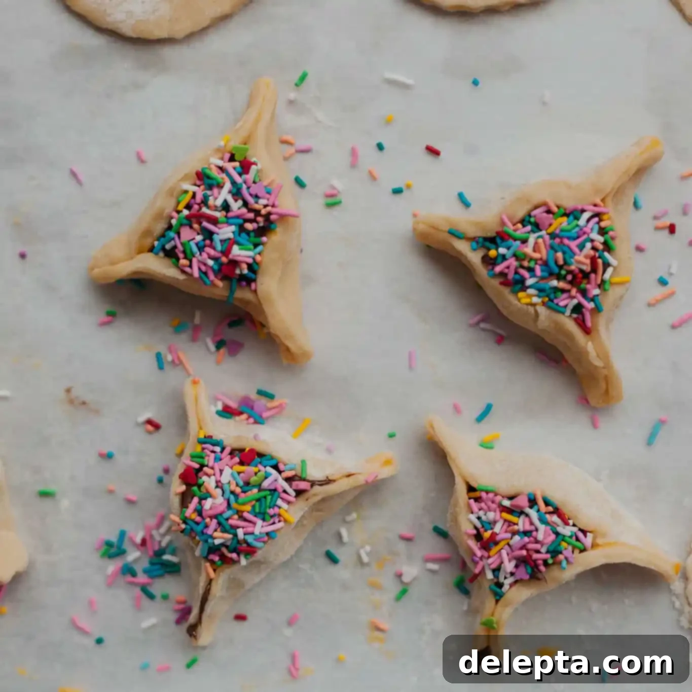 Purim Chocolate Pockets 6 Unbaked hamantaschen filled with colorful sprinkles on a baking sheet