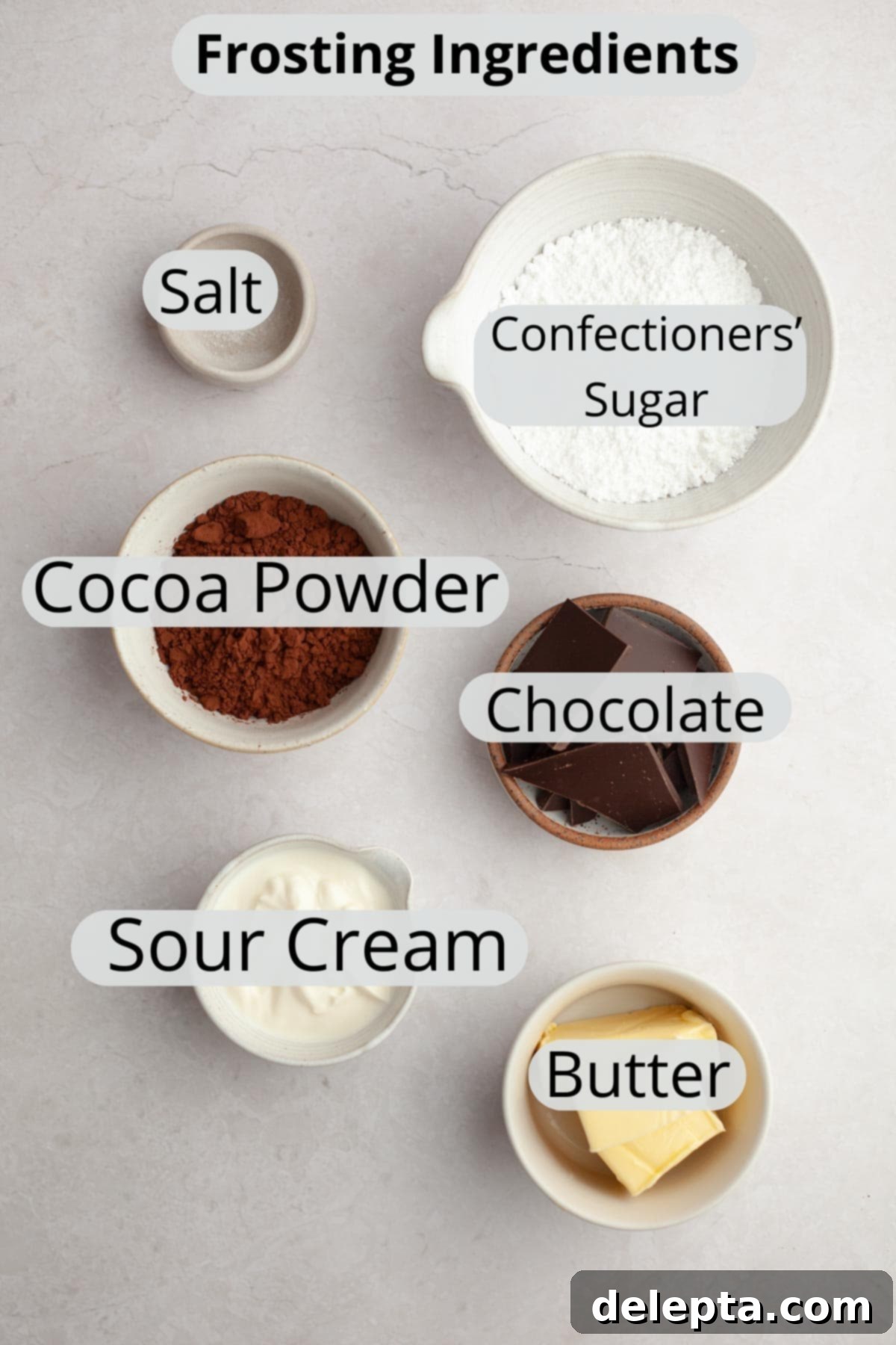 Fudgy Chocolate Frosting The Sour Cream Secret 3 All the precisely measured ingredients for fudgy chocolate sour cream frosting, laid out in small bowls.