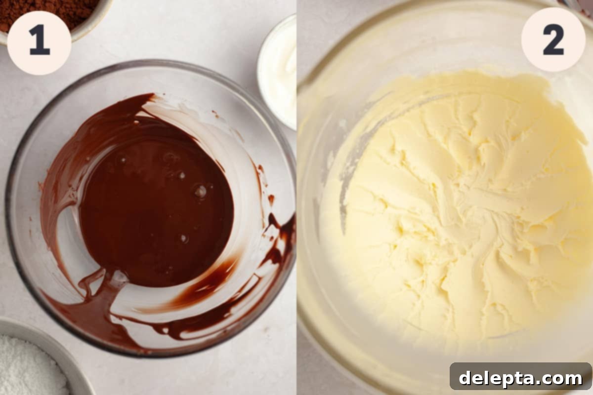 Fudgy Chocolate Frosting The Sour Cream Secret 4 Visual steps showing melted chocolate in a bowl and creamed butter and sugar in a stand mixer bowl.