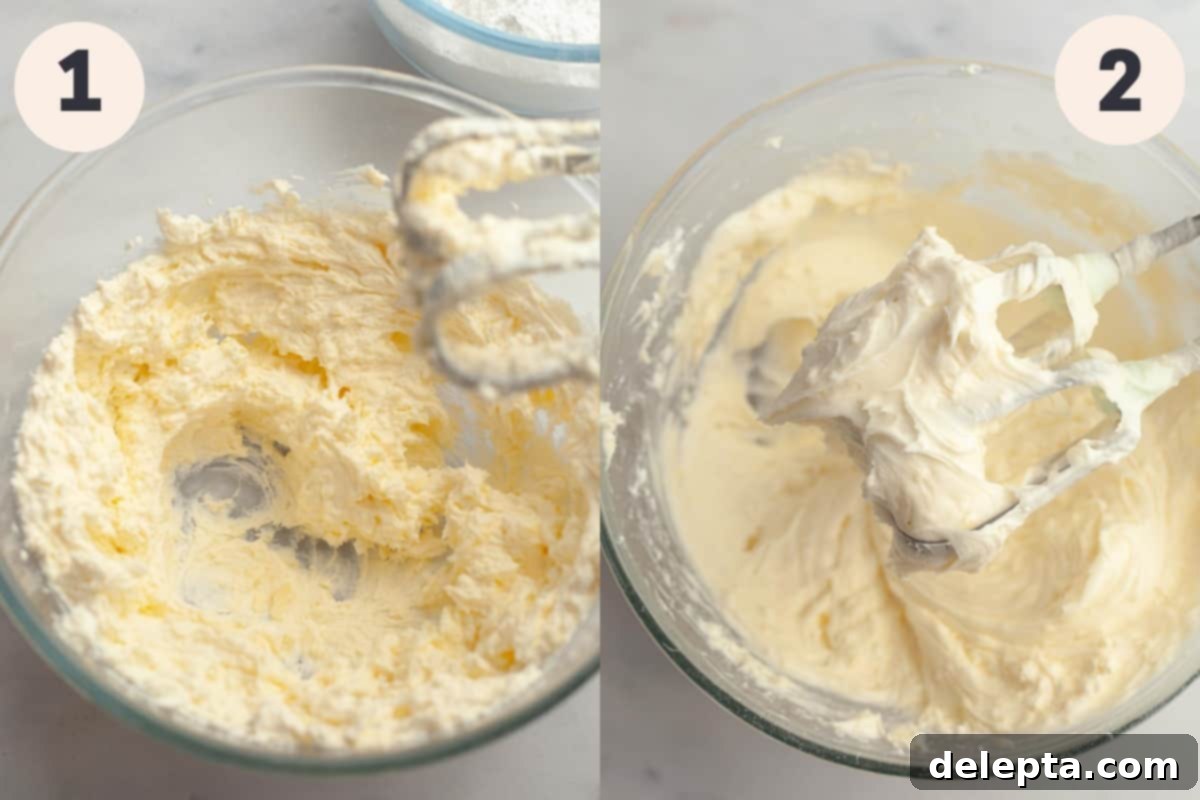 Dreamy Strawberry Cream Cheese Frosting 4 Creamed butter and sugar in a glass mixing bowl.