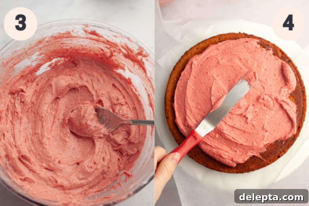 Dreamy Strawberry Cream Cheese Frosting 5 Strawberry frosting in a bowl, and the same frosting being put on a cake.