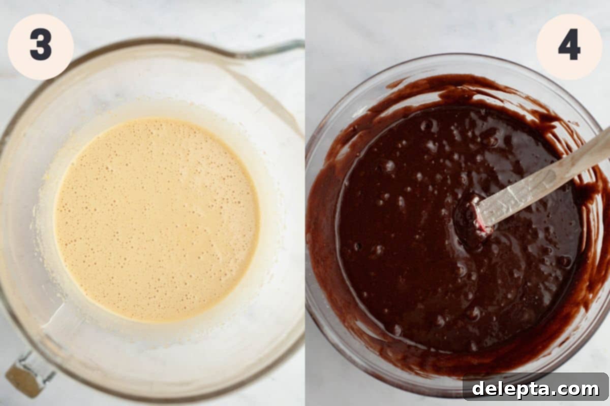 Swirled Marshmallow Dream Brownies 5 Steps 3 and 4 in the marshmallow fluff brownie baking process, showing wet ingredients being whisked and chocolate mixture ready.