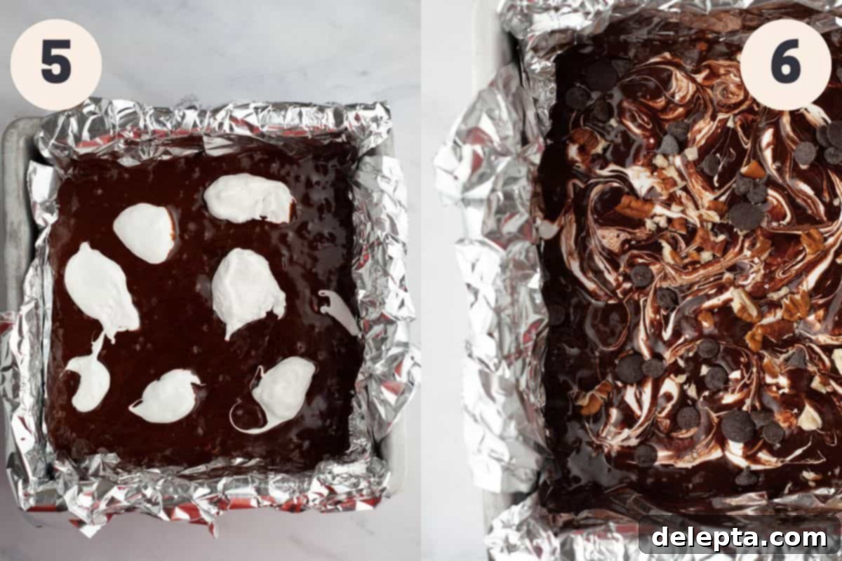 Swirled Marshmallow Dream Brownies 6 Steps 5 and 6 in the marshmallow fluff brownie baking process, showing marshmallow swirl and brownies baking.