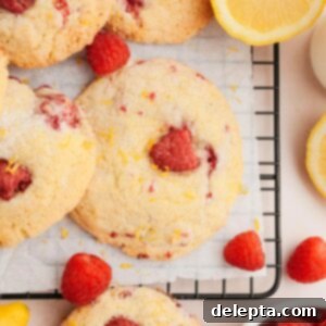 Easy One Bowl Lemon Raspberry Cookies 12 Lemon raspberry cookies on parchment paper. A vibrant image showcasing the fresh raspberries and lemon zest.
