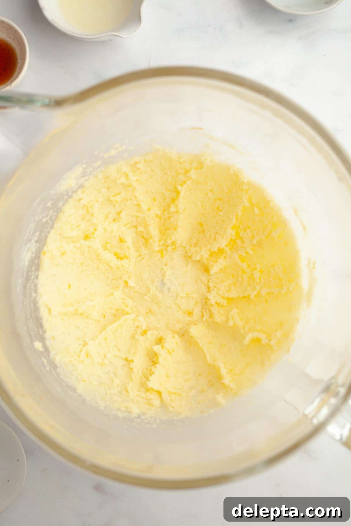 Easy One Bowl Lemon Raspberry Cookies 5 Creamed butter and sugar in a bowl. It appears light and fluffy.