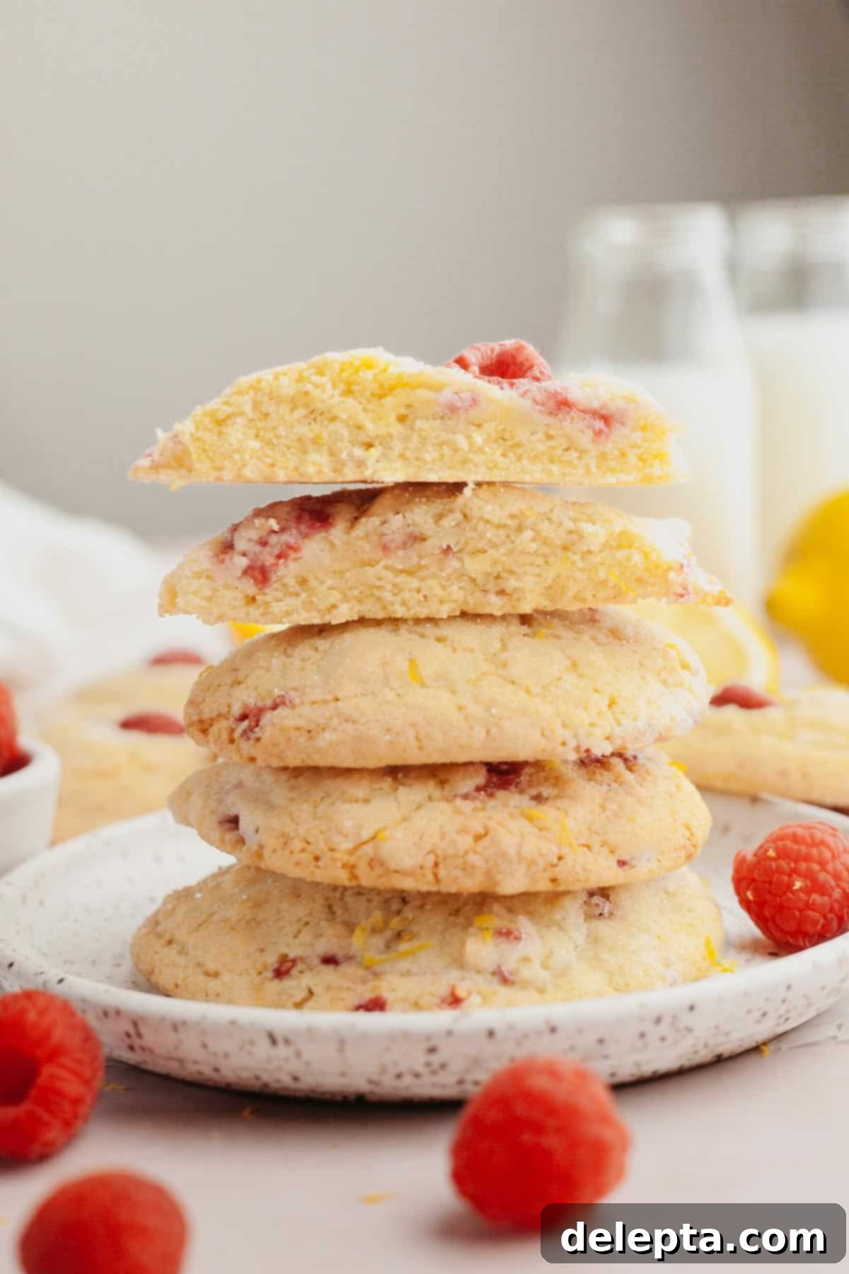 Easy One Bowl Lemon Raspberry Cookies 10 A stack of lemon raspberry cookies, showing their soft centers and crinkly edges.