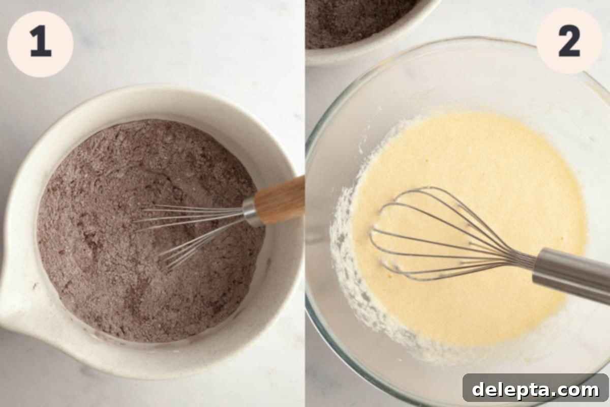 Decadent Chocolate Oreo Delights 4 Cocoa powder and flour in a bowl and a bowl with whisked eggs in it, ready for combining.