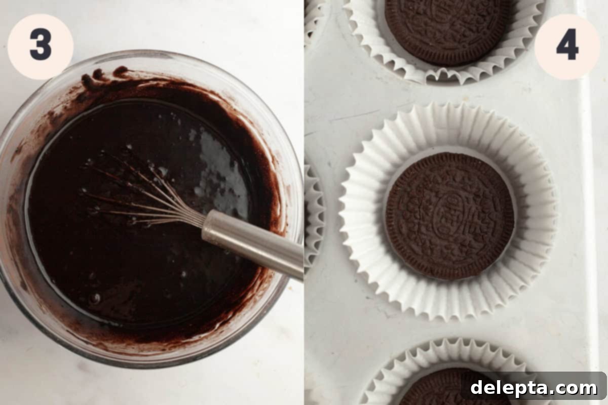 Decadent Chocolate Oreo Delights 5 Chocolate cupcake batter in a bowl and cupcakes liners with an Oreo in it, ready for baking.