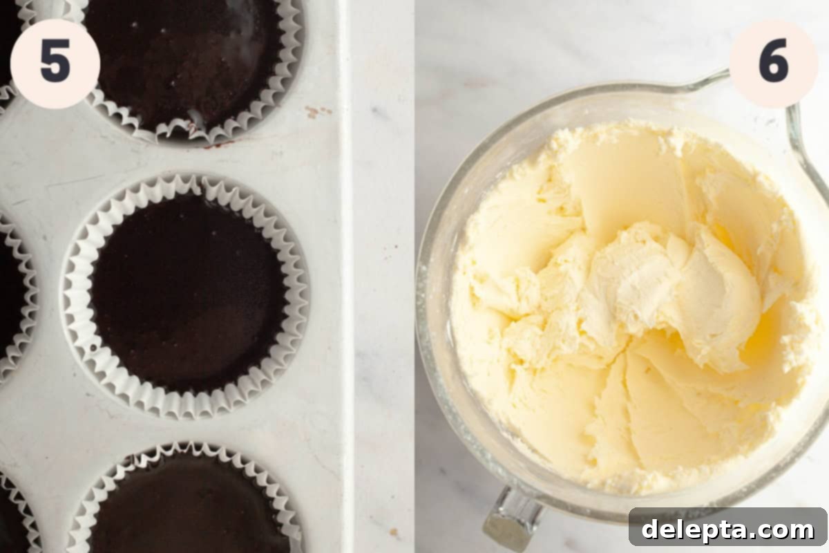 Decadent Chocolate Oreo Delights 6 Unbaked chocolate cupcakes in a muffin tin and a bowl of yellow frosting, showing the distinct steps.
