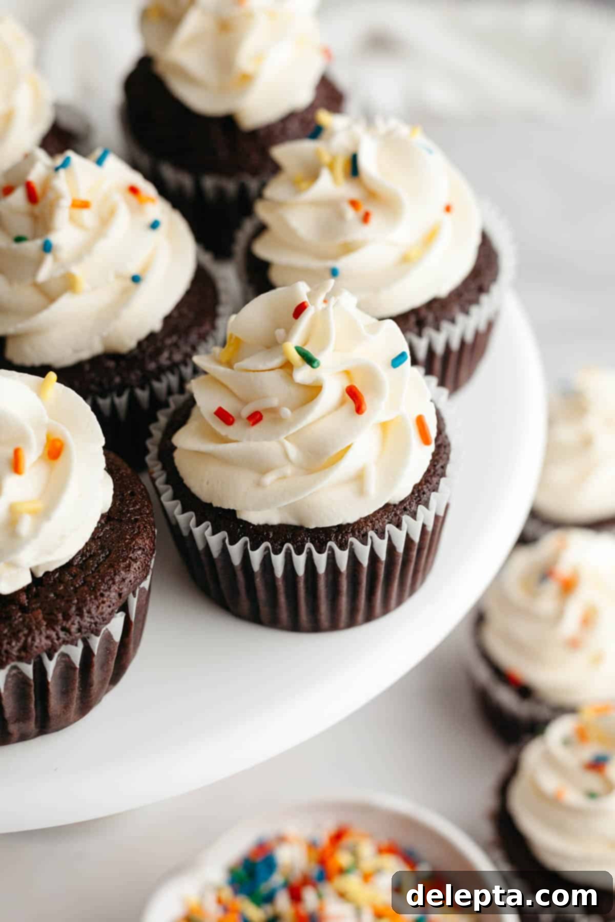 Velvet Chocolate Cupcakes with Tangy Cream Cheese Swirl 2 Chocolate cupcakes with a white frosting and rainbow sprinkles on a cake stand, ready to be served.