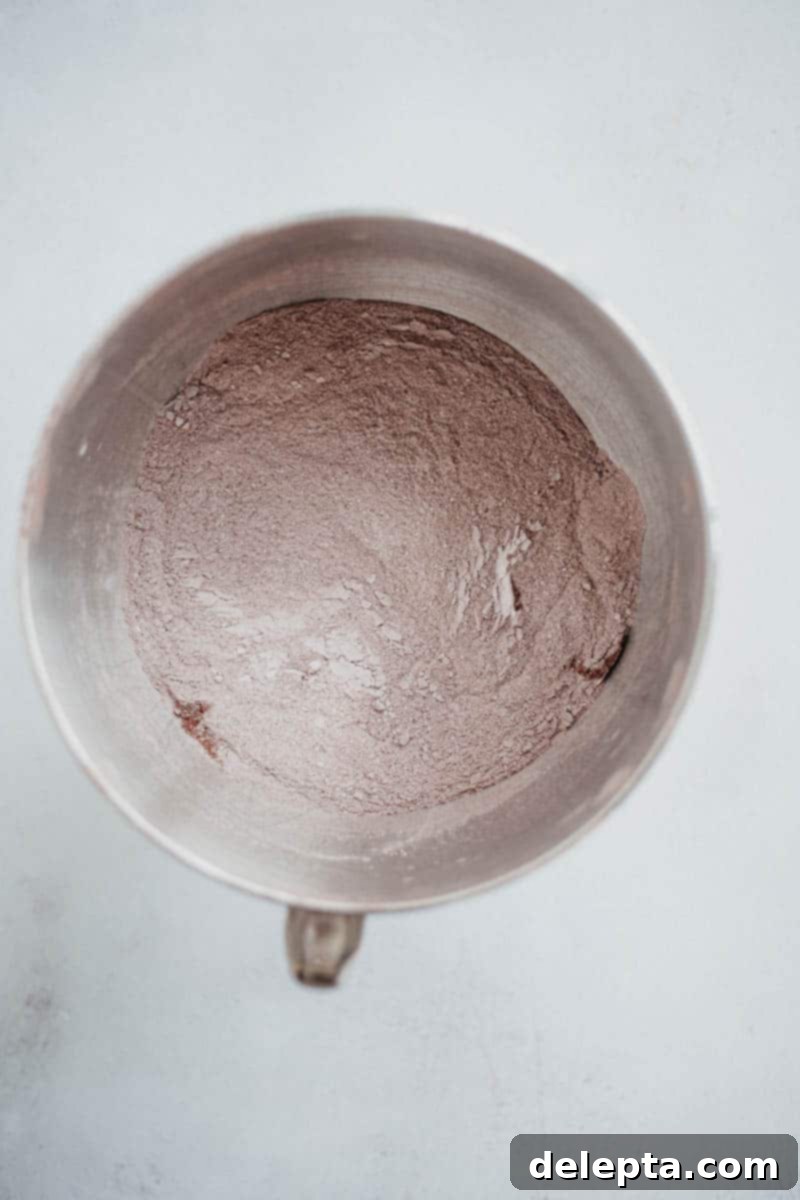 Chocolate Brownie Cookie Dough Fudge Cake 6 Dry ingredients that have been whisked together in a large mixing bowl
