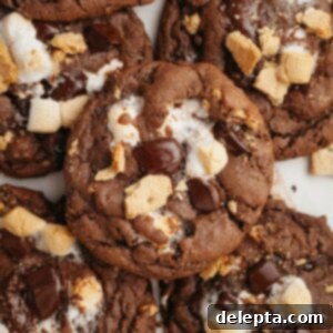 Fireside S'mores Cookie Magic 9 Several chocolate s'mores cookies on parchment paper, rich with melted chocolate and marshmallows.