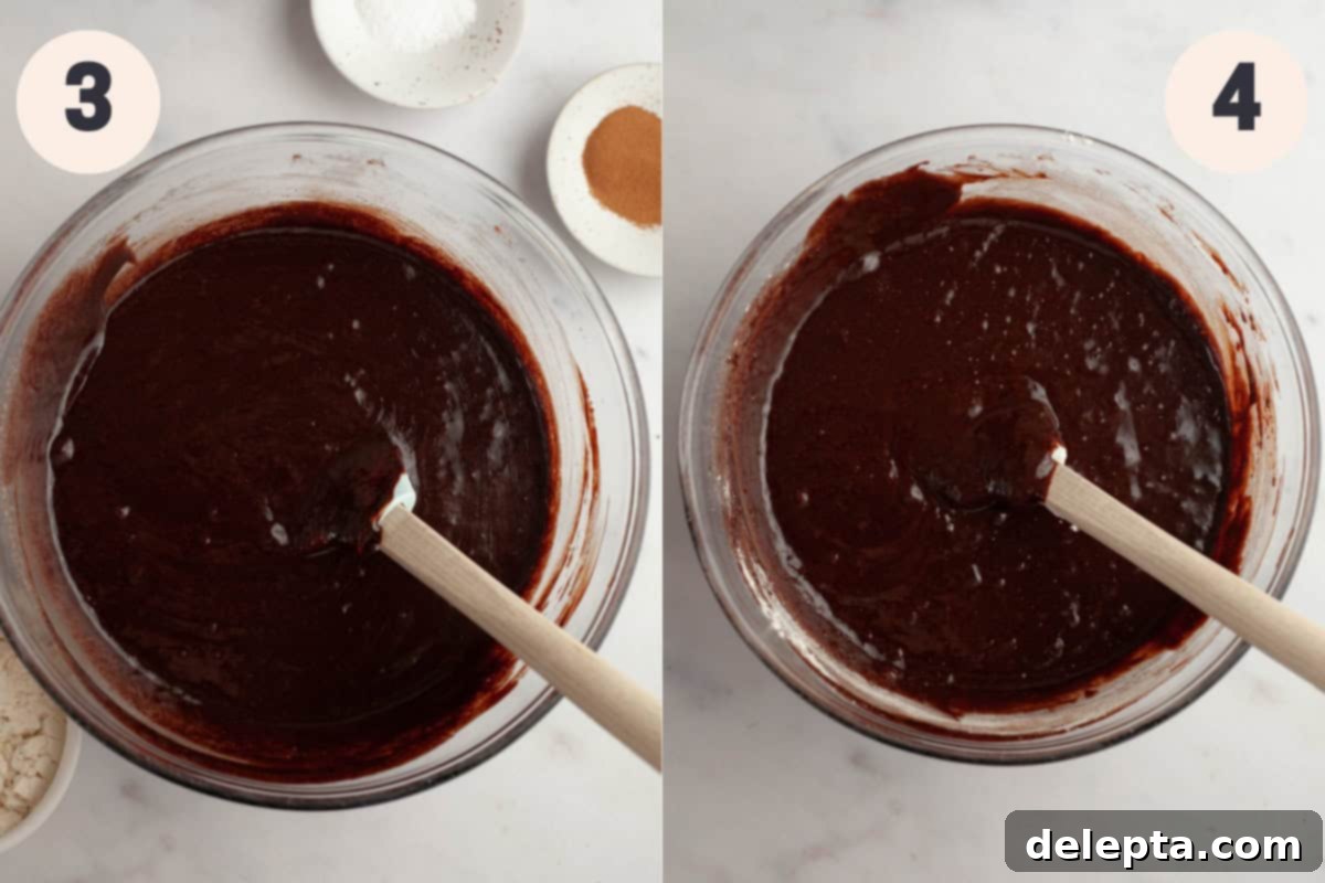 Decadent Fudgy Brownies with Velvety Chocolate Ganache 5 Process steps for making brownies: combining wet and dry ingredients