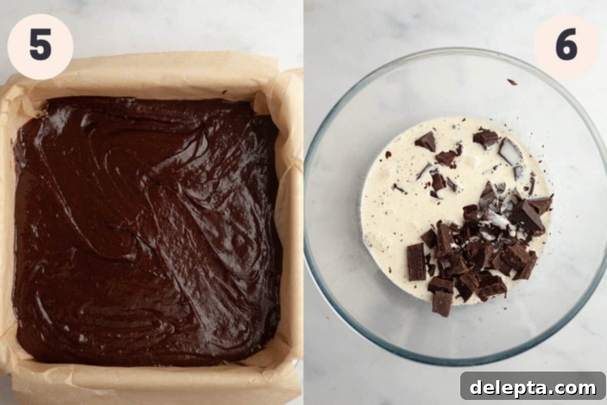 Decadent Fudgy Brownies with Velvety Chocolate Ganache 6 Process steps for making brownies: baking the batter and preparing ganache