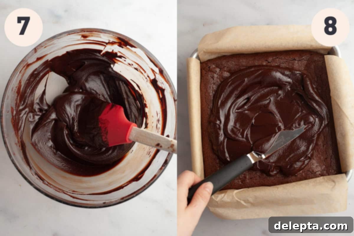 Decadent Fudgy Brownies with Velvety Chocolate Ganache 7 Process steps for making brownies: finishing ganache and spreading over brownies