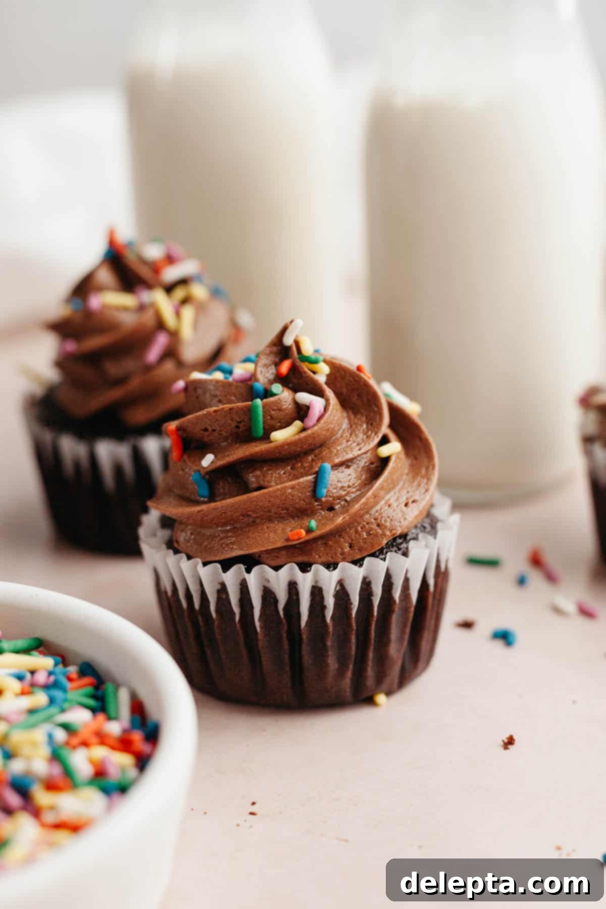 Decadent Chocolate Cream Cheese Cupcakes 2 Two chocolate cupcakes with chocolate frosting and rainbow sprinkles, highlighting the rich frosting texture.