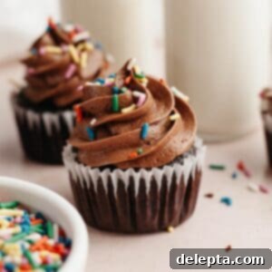 Decadent Chocolate Cream Cheese Cupcakes 12 Two chocolate cupcakes with chocolate frosting and rainbow sprinkles, highlighting the rich frosting texture.