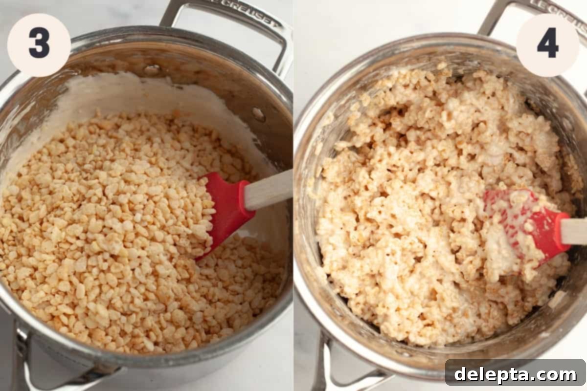 Cookies and Cream Krispie Bars 5 Two process shots: one showing rice krispie cereal being added to the marshmallow mixture in a large saucepan, and another showing the cereal fully coated by the mixture.