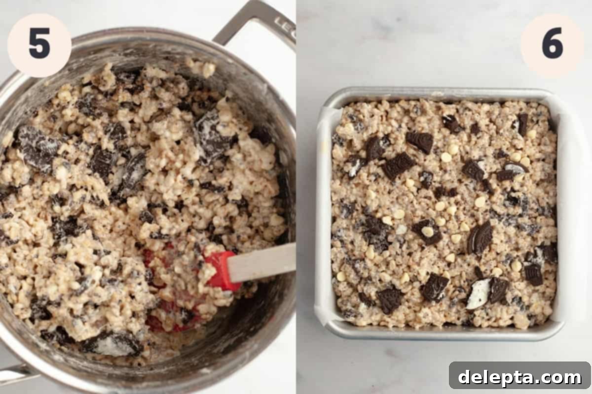 Cookies and Cream Krispie Bars 6 Two process shots: one showing crushed Oreos and white chocolate chips being stirred into the Rice Krispie mixture in a pot, and another showing the finished mixture pressed into an 8x8 inch baking pan.