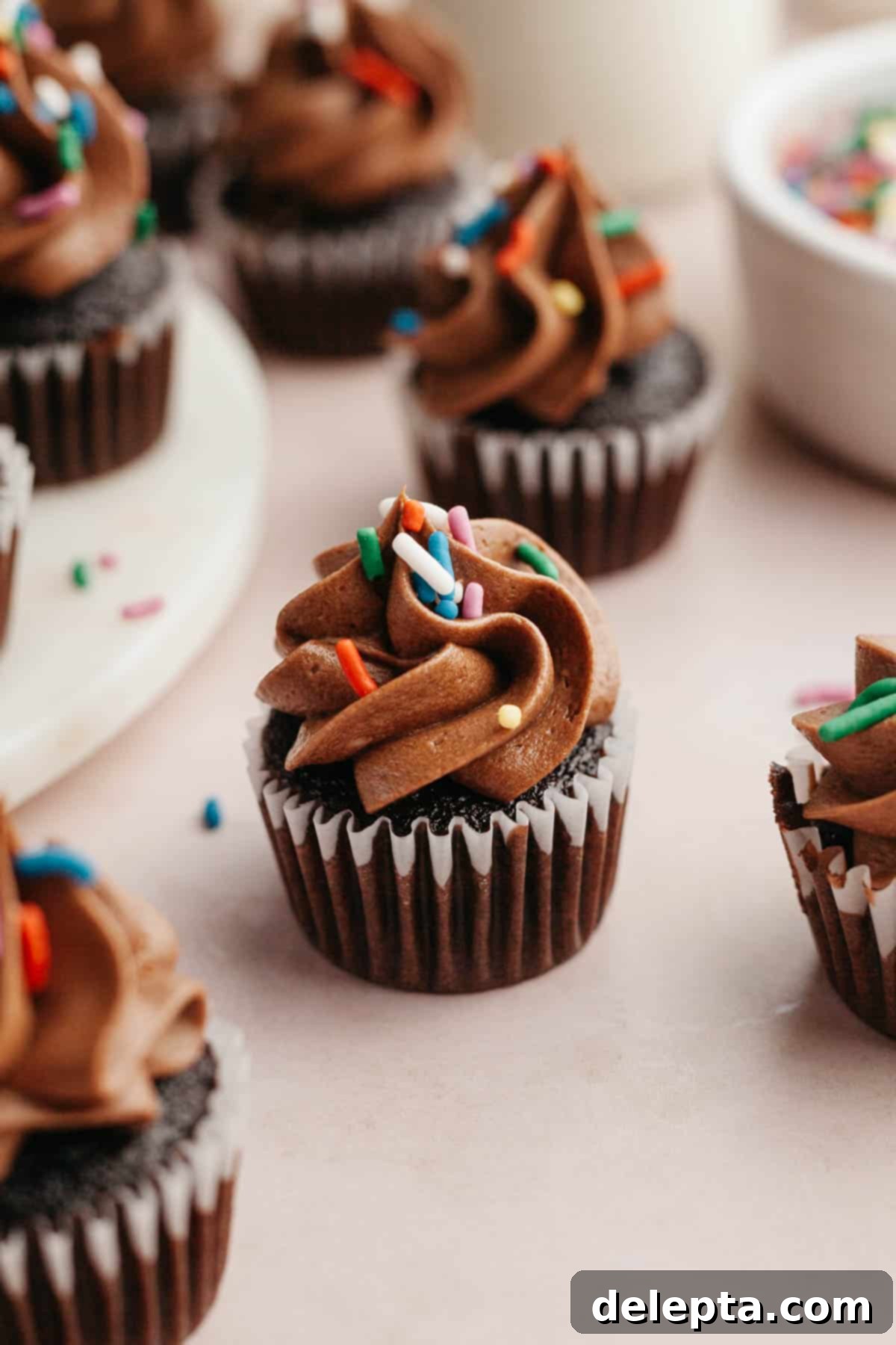 Irresistible Mini Chocolate Cupcakes: Effortlessly Moist Perfection 11 Mini chocolate cupcakes topped with chocolate frosting and rainbow sprinkles.