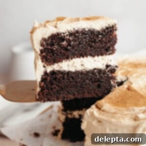 Simple Mocha Delight 11 A slice of chocolate cake with coffee frosting being lifted up with a cake server.
