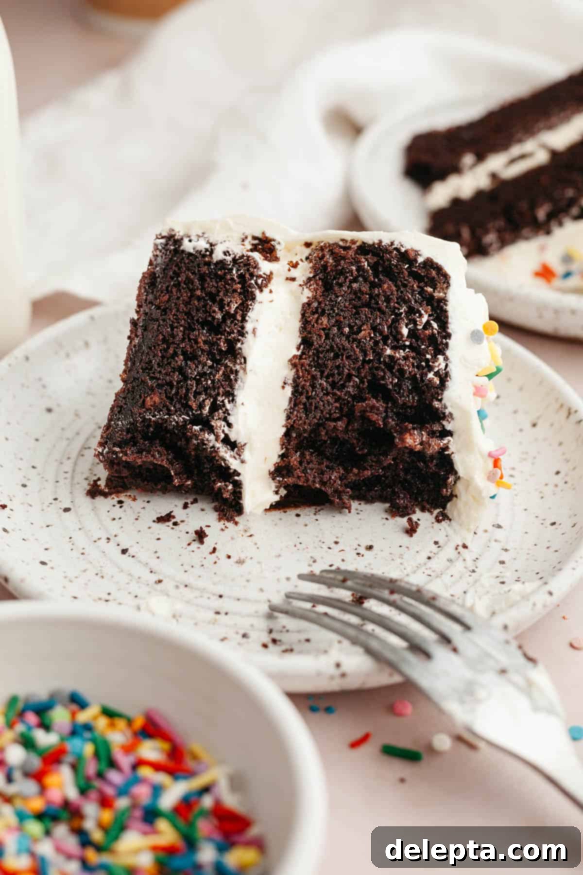 Foolproof Chocolate Cake with Sweet Vanilla Frosting 11 A slice of chocolate cake with vanilla frosting on a plate, showcasing the fluffy texture and perfect layers.