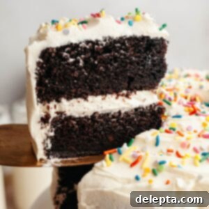 Foolproof Chocolate Cake with Sweet Vanilla Frosting 12 A slice of chocolate cake with vanilla frosting being lifted up with a cake server.