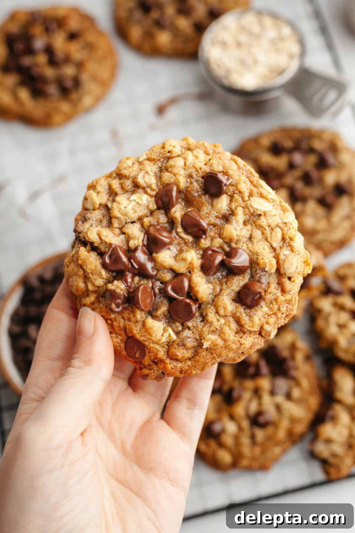 Irresistible Chewy Brown Butter Oatmeal Chocolate Chip Cookies 2 A hand holding a brown butter oatmeal cookie with chocolate chips, showcasing its chewy texture and melty chocolate.