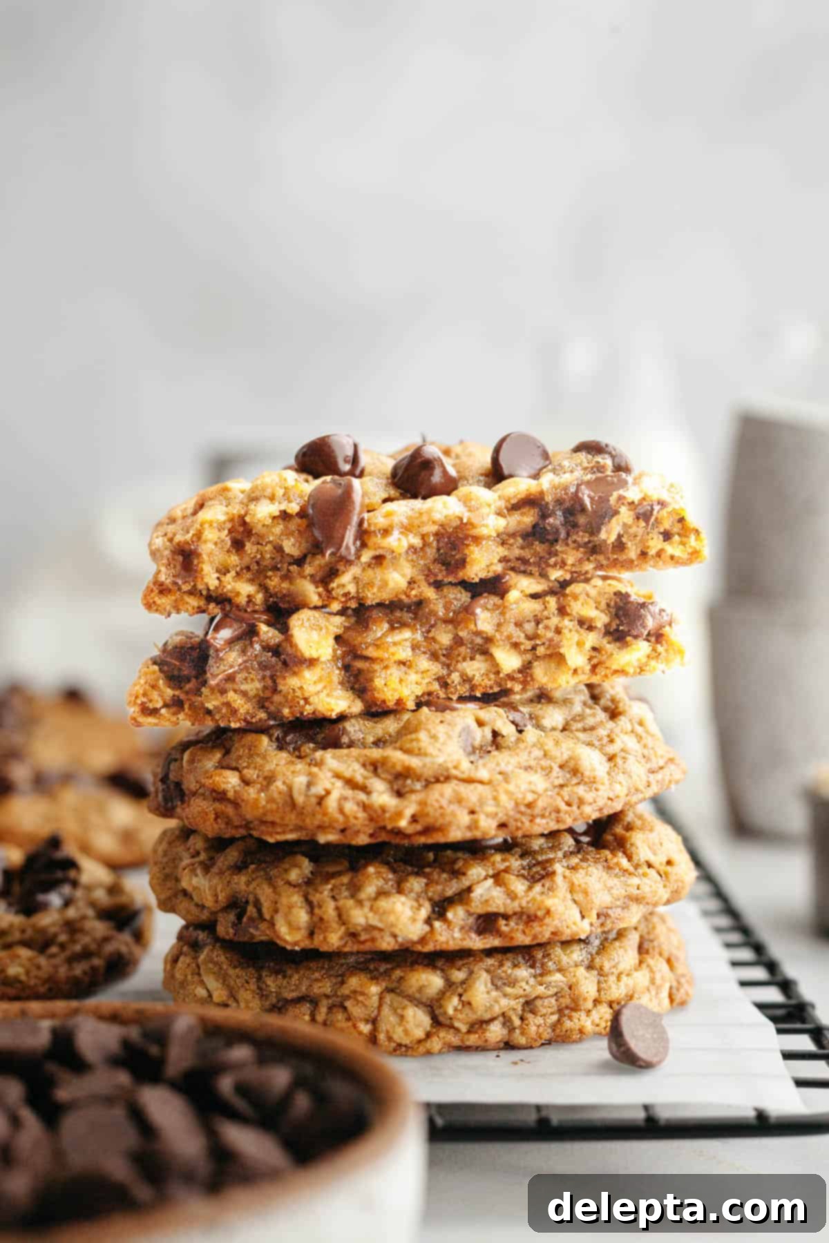 Irresistible Chewy Brown Butter Oatmeal Chocolate Chip Cookies 11 A stack of golden brown butter oatmeal cookies with visible chocolate chips, ready to be enjoyed.