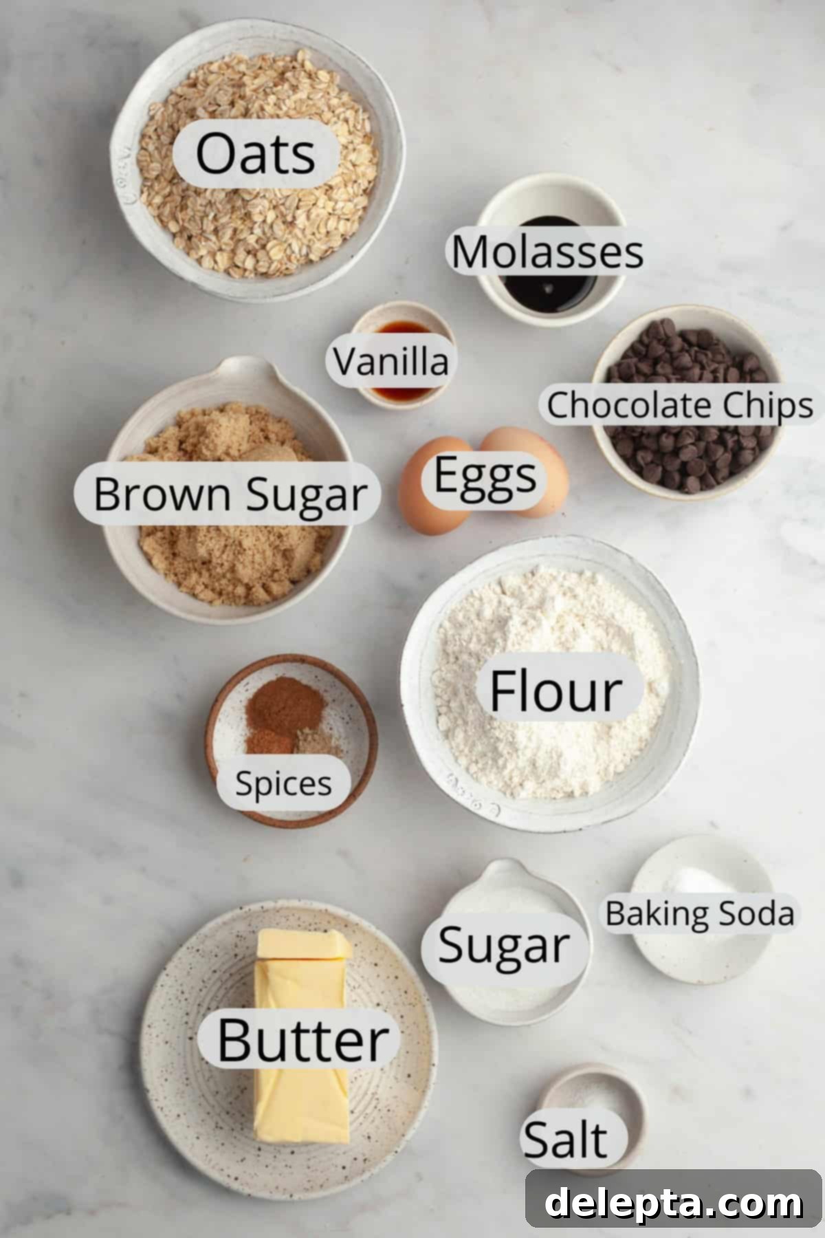 Irresistible Chewy Brown Butter Oatmeal Chocolate Chip Cookies 3 All the ingredients needed to make brown butter oatmeal cookies, weighed out into small bowls, ready for baking.