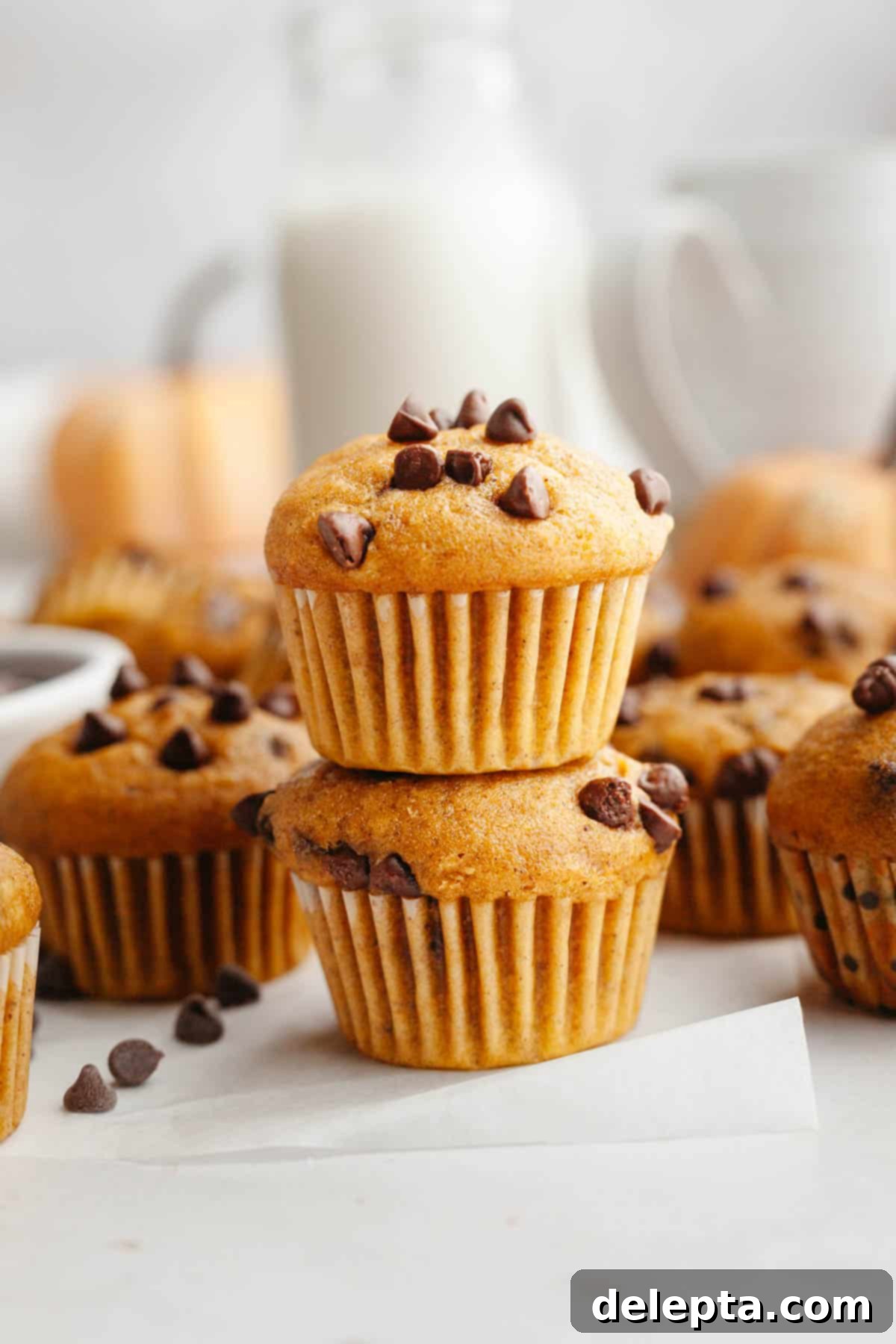 Cozy Mini Pumpkin Chocolate Chip Muffins 2 Two golden-brown mini pumpkin muffins, studded with mini chocolate chips, stacked invitingly on top of each other.