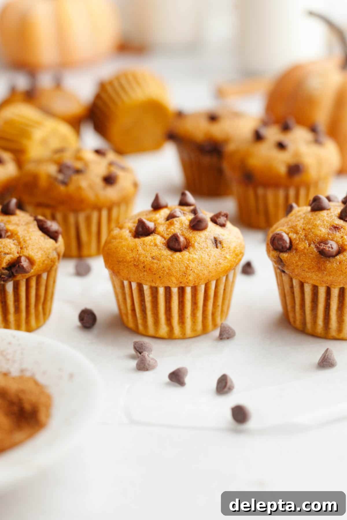 Cozy Mini Pumpkin Chocolate Chip Muffins 9 A charming display of baked mini pumpkin muffins with chocolate chips, neatly arranged on parchment paper.