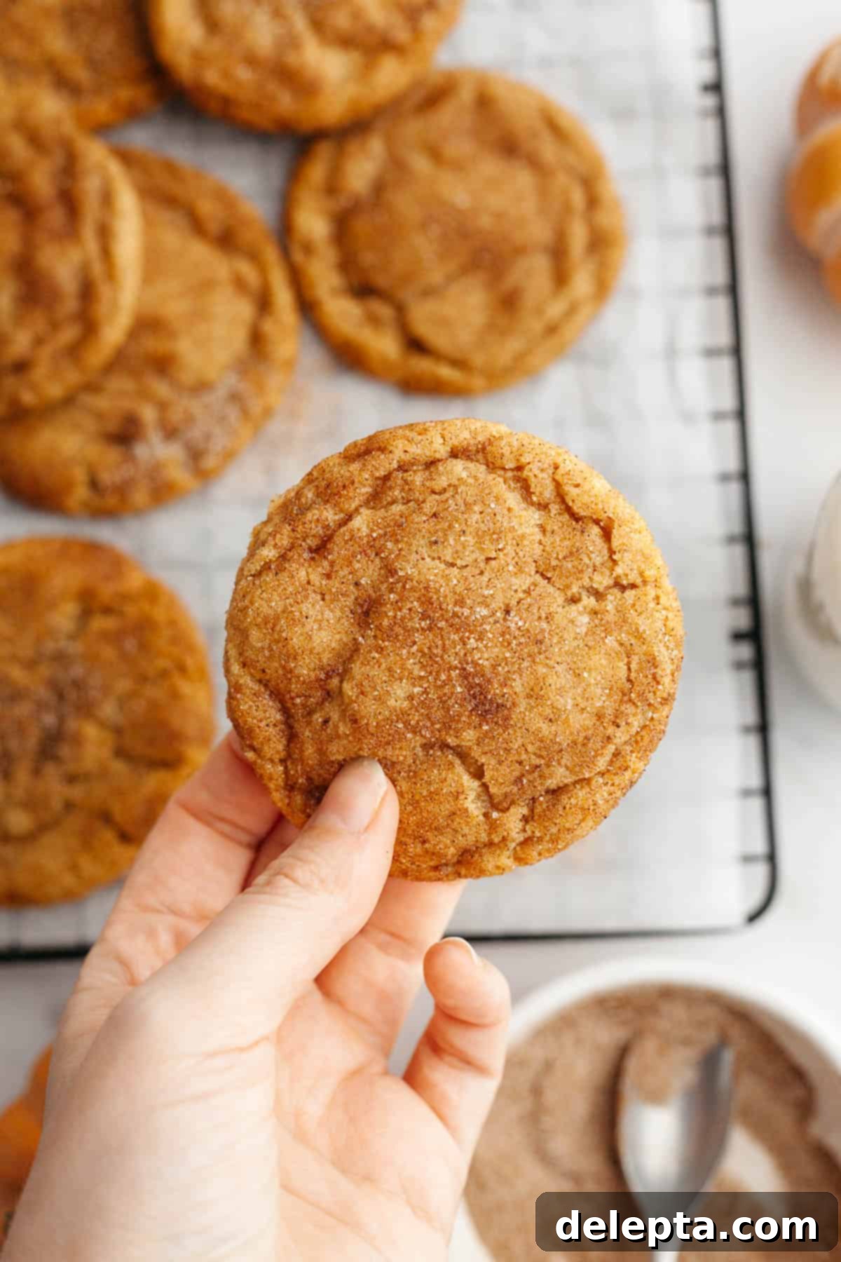 Ultimate Soft and Chewy Pumpkin Cookies 11 A hand reaching for a chewy pumpkin cookie on a cooling rack, showcasing its inviting texture.
