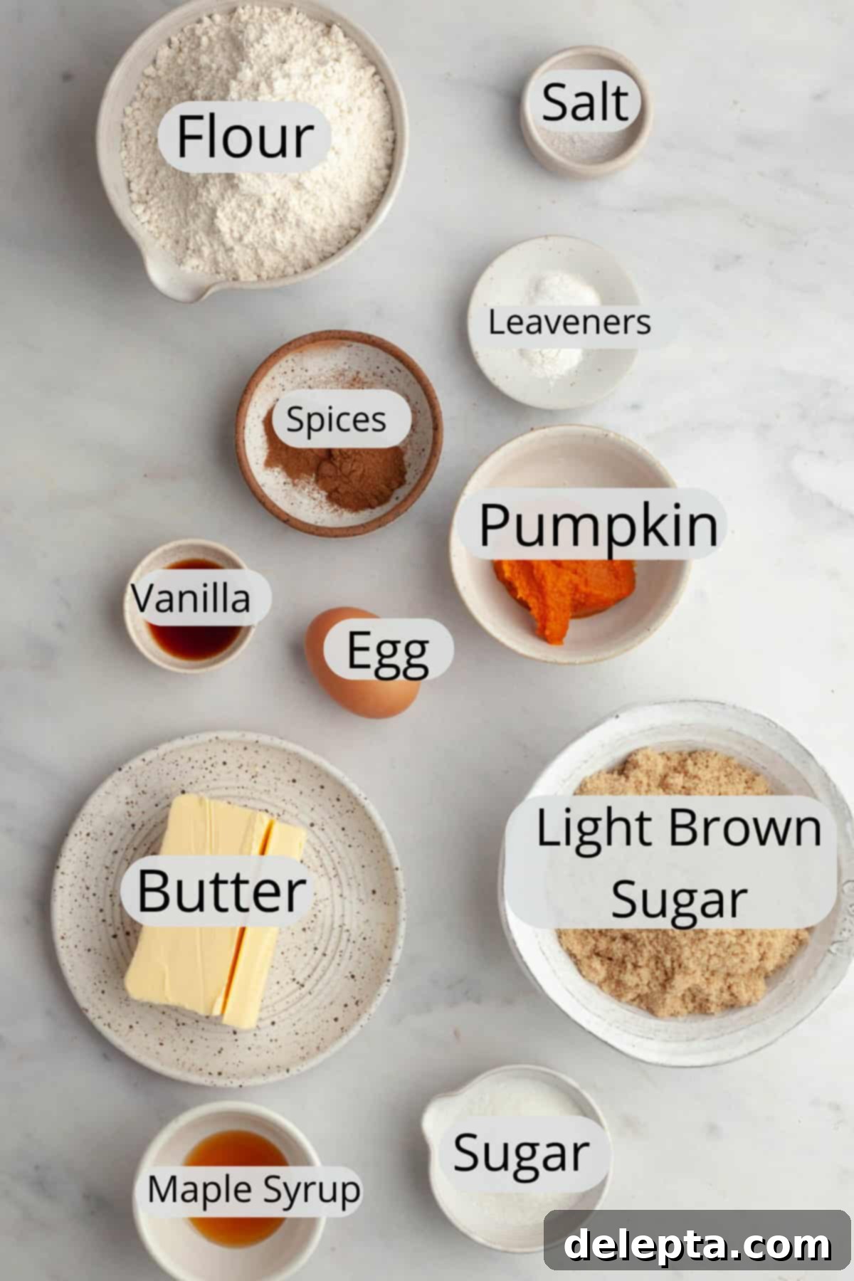 Ultimate Soft and Chewy Pumpkin Cookies 3 All the ingredients needed to make chewy pumpkin cookies, weighed out into small bowls, ready for baking.