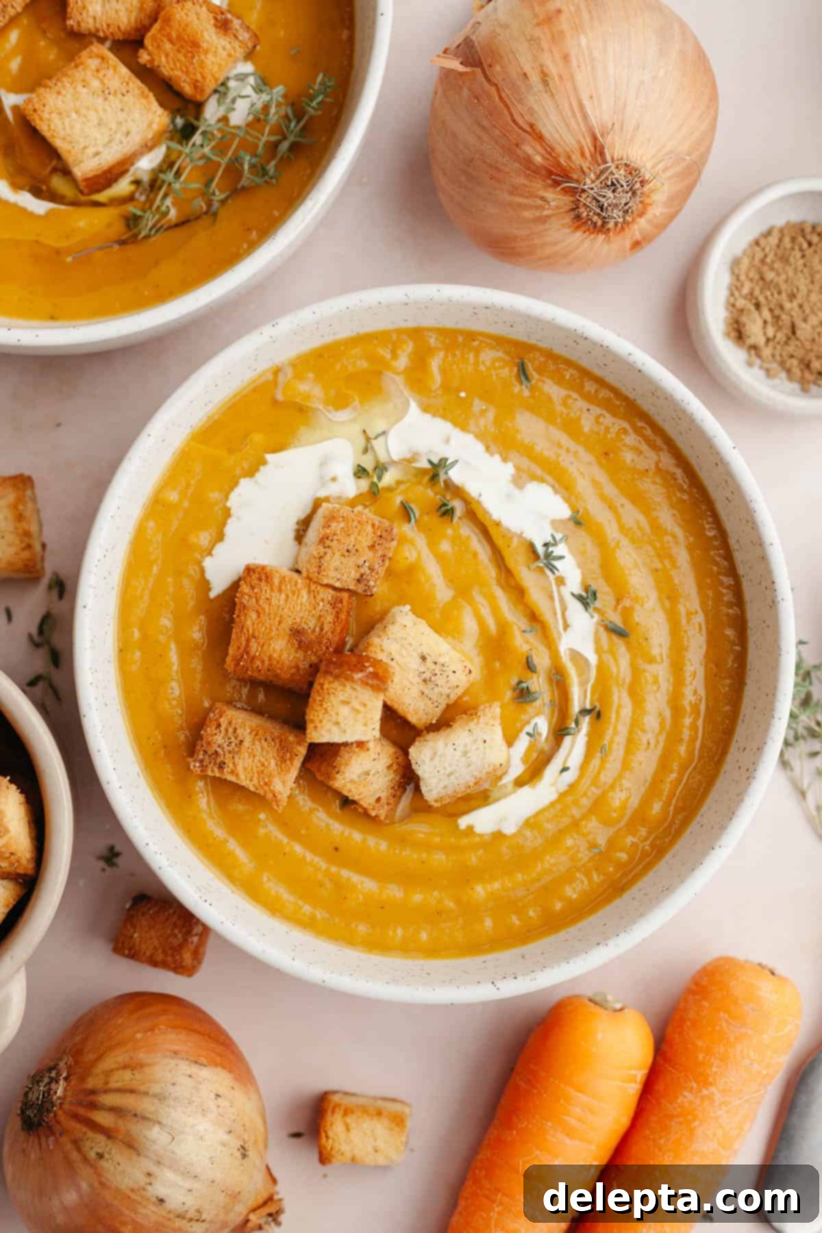 Warm Roasted Butternut & Carrot Ginger Soup 2 A white bowl with carrot butternut squash soup with ginger and brioche croutons.