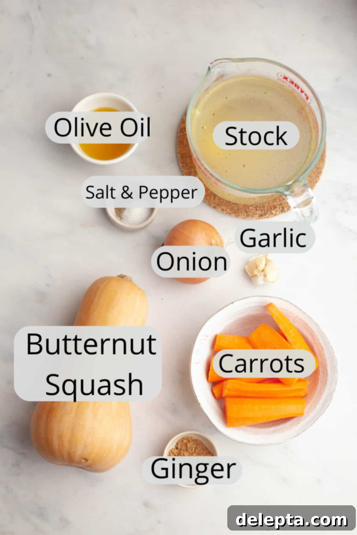 Warm Roasted Butternut & Carrot Ginger Soup 3 All the ingredients needed to make roasted carrot and butternut squash soup.