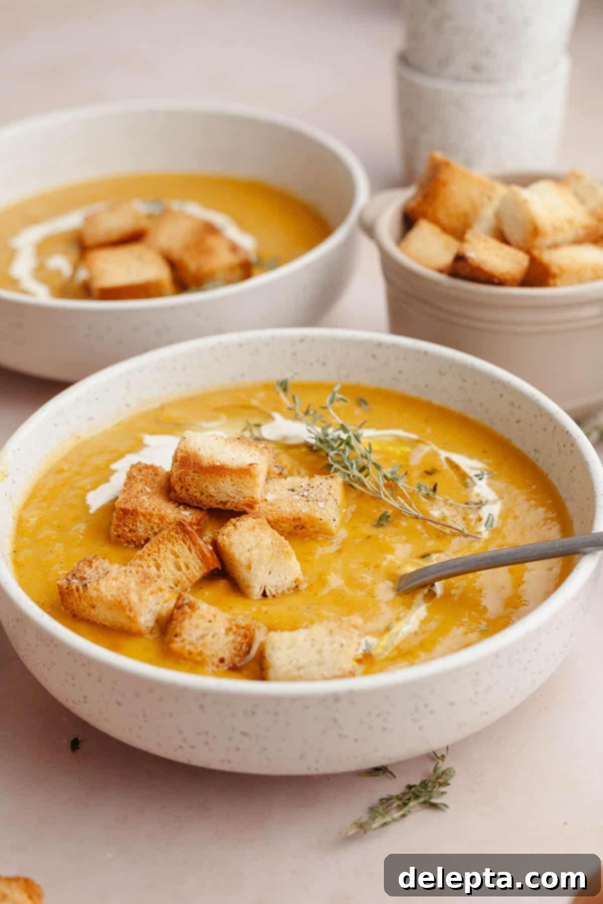 Warm Roasted Butternut & Carrot Ginger Soup 10 A white bowl with carrot butternut squash soup and brioche croutons.