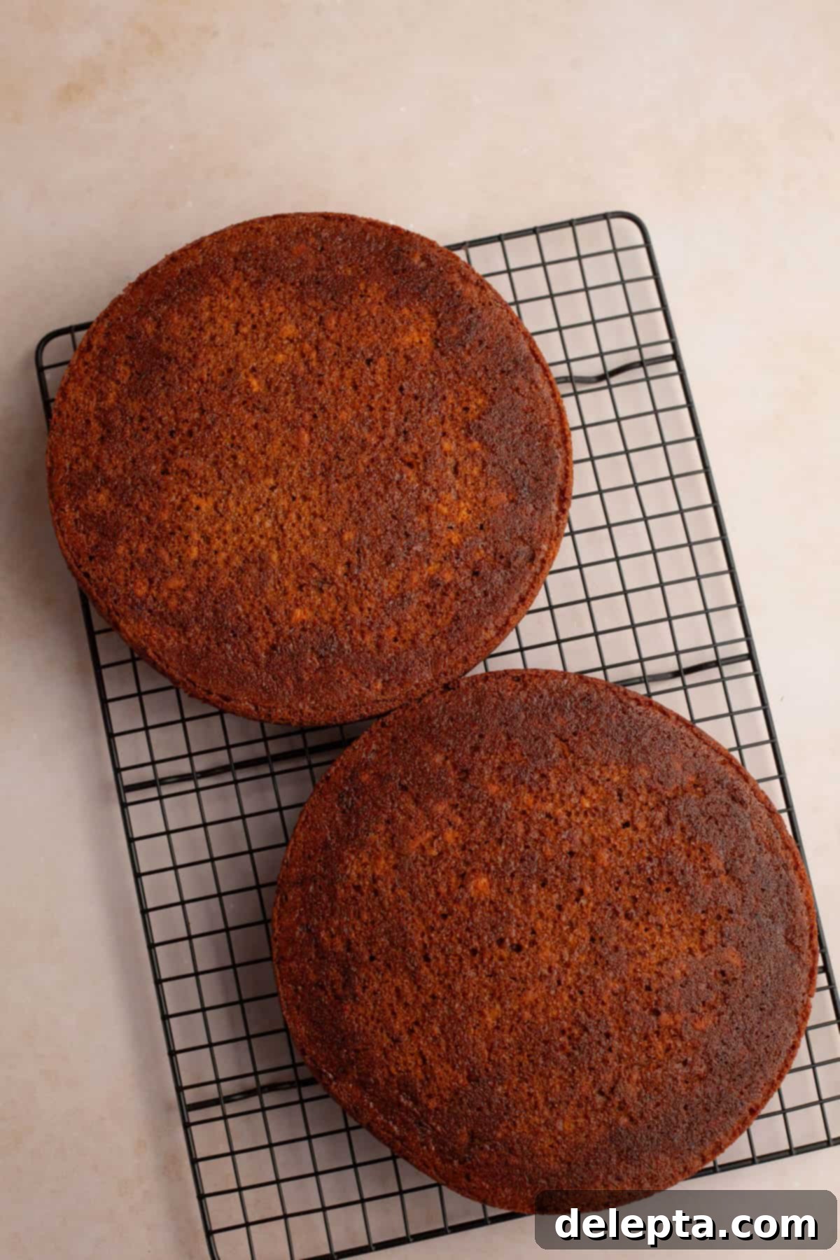 Pumpkin Spiced Latte Cake Bake 7 Two freshly baked pumpkin cakes cooling on a wire rack after being removed from their pans.