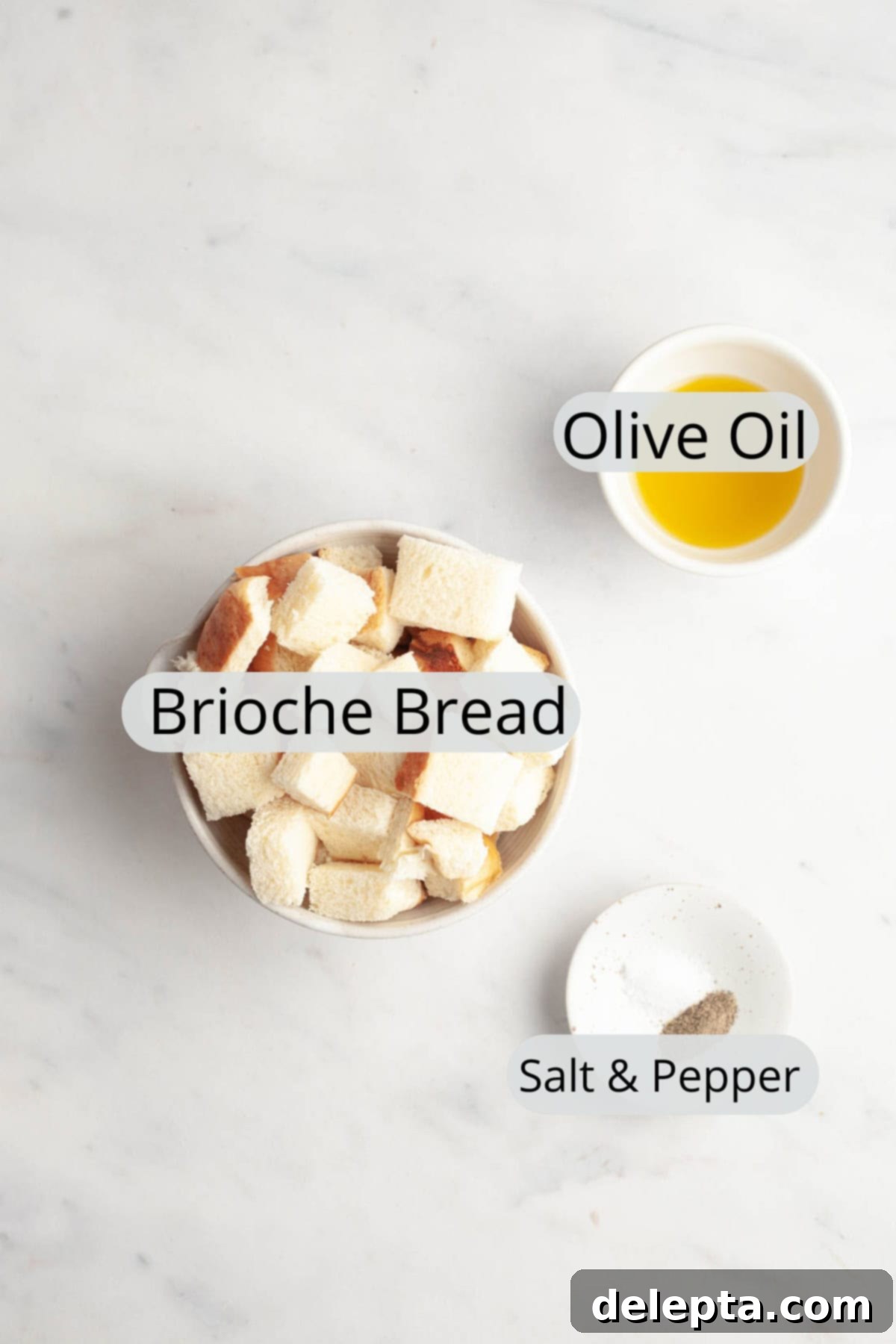 Whip Up Perfect Brioche Croutons at Home 3 All the ingredients needed to make brioche croutons, carefully measured out into small bowls for preparation.