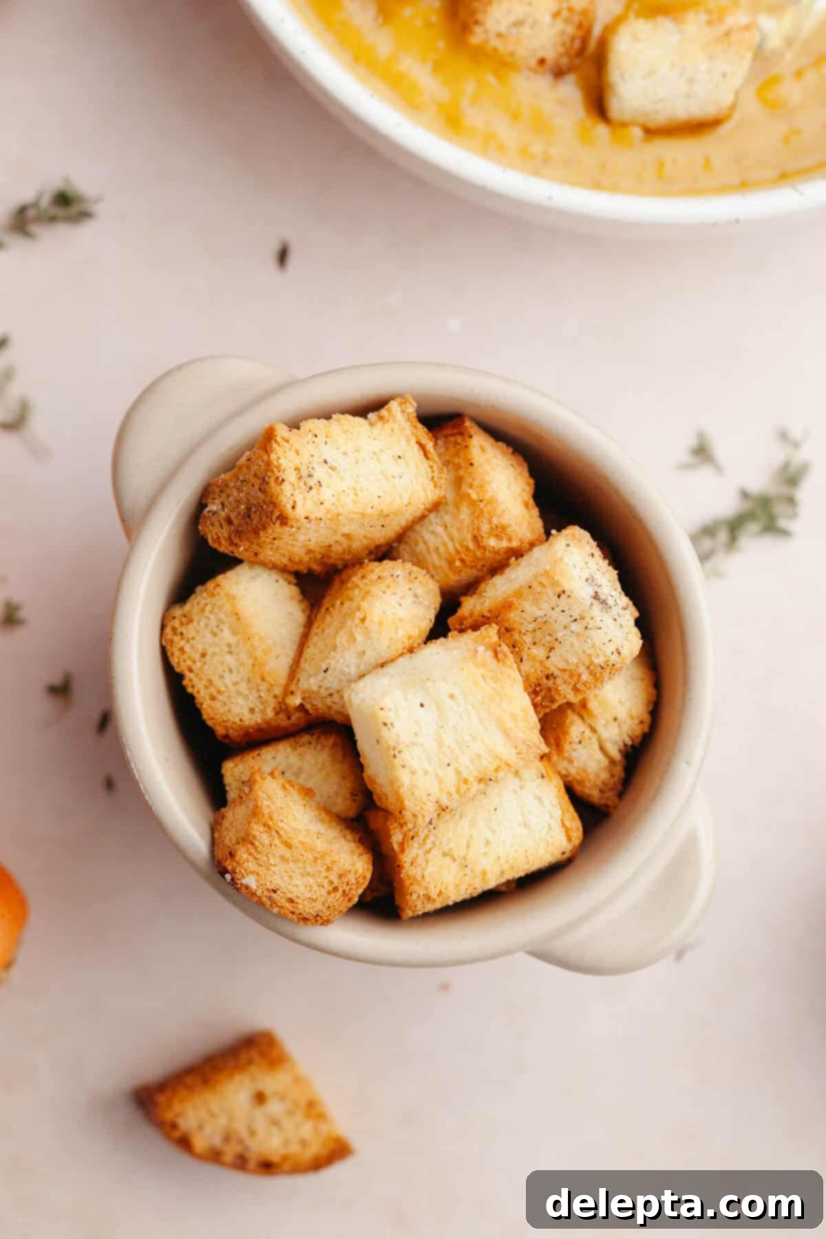 Whip Up Perfect Brioche Croutons at Home 7 A small rustic bowl brimming with an abundance of perfectly golden, homemade brioche croutons, ready for serving.
