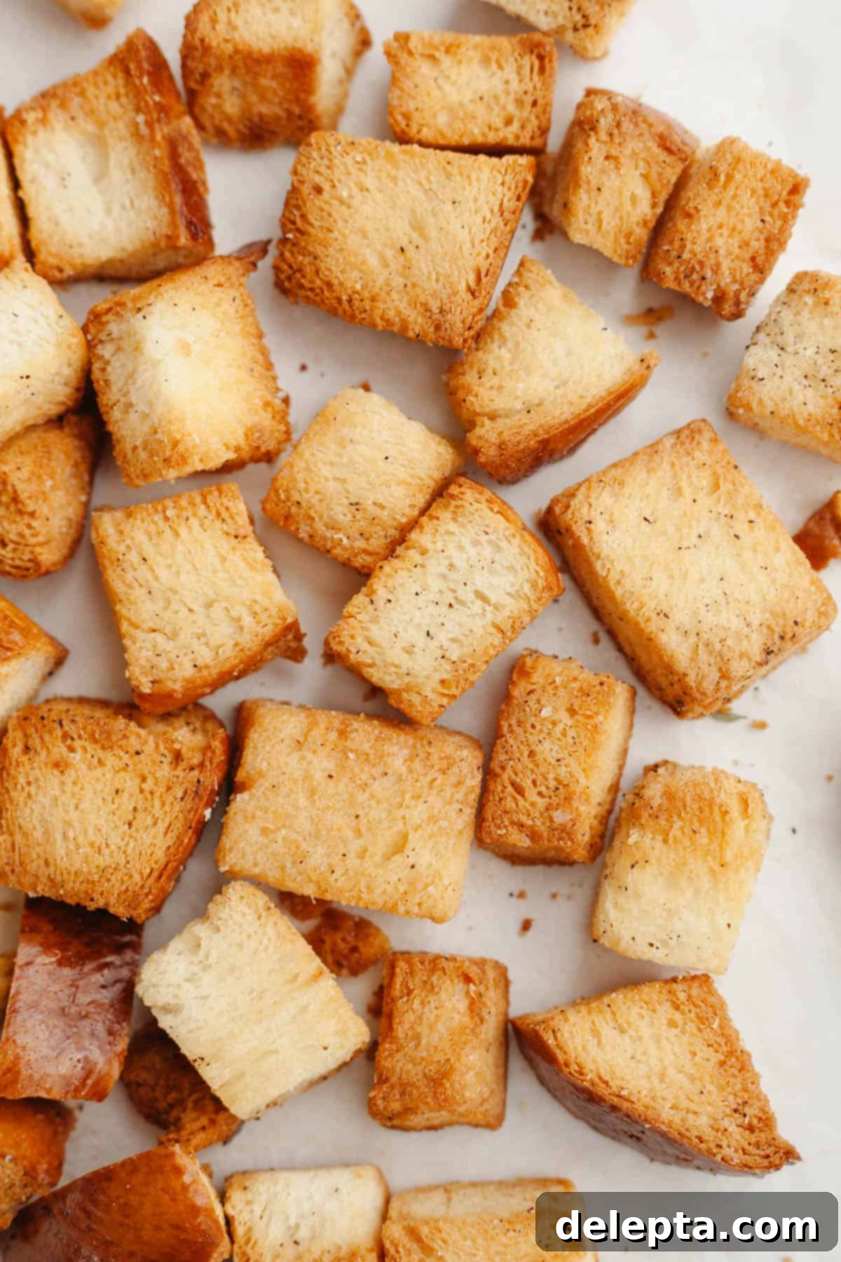 Whip Up Perfect Brioche Croutons at Home 8 A close-up view of freshly baked, perfectly golden and crunchy brioche croutons scattered across a baking sheet.