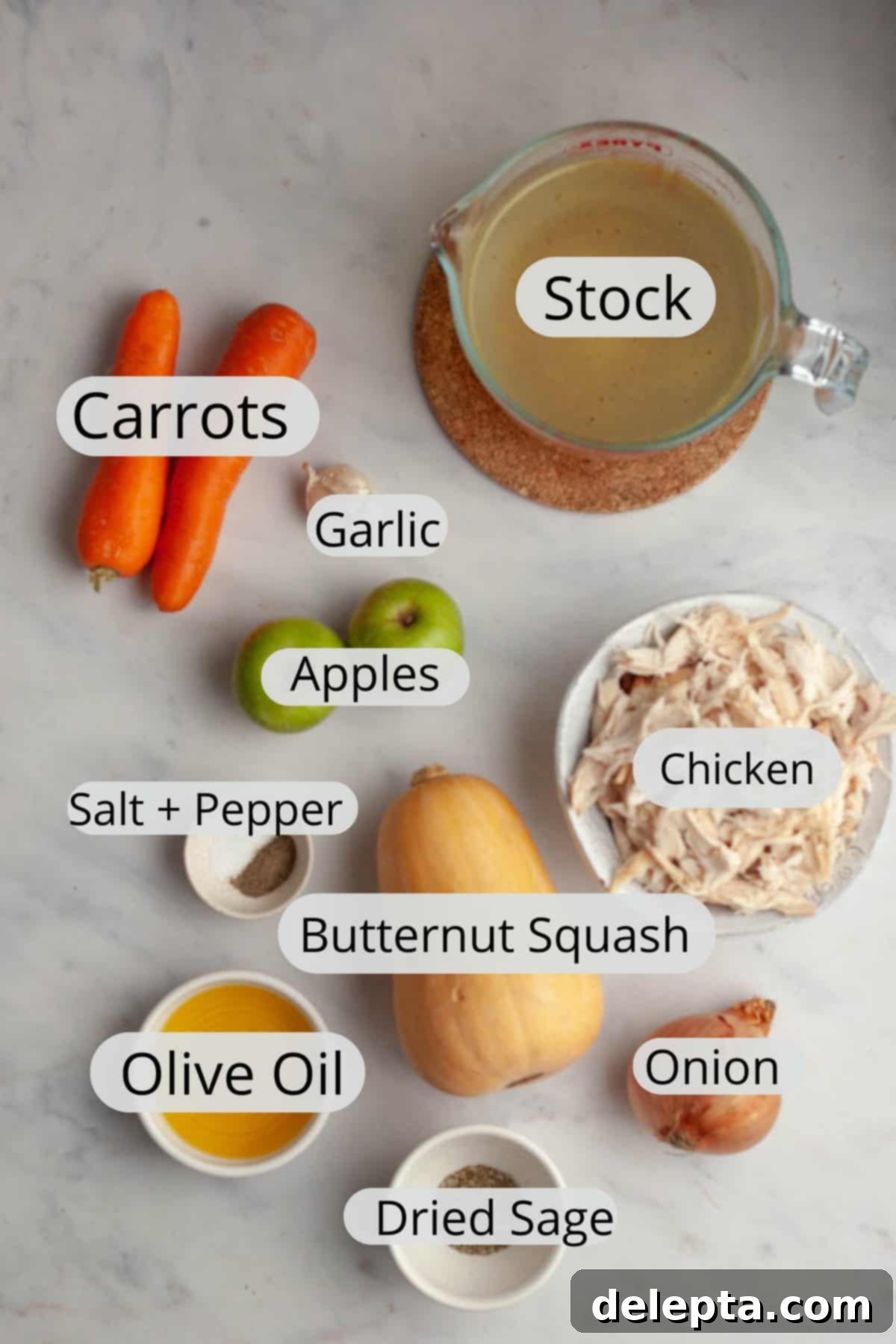 Autumn Gold Roasted Butternut Chicken Soup 3 A collection of fresh ingredients laid out in small bowls, including butternut squash, carrots, apples, onions, garlic, and chicken stock, ready for making butternut squash chicken soup.