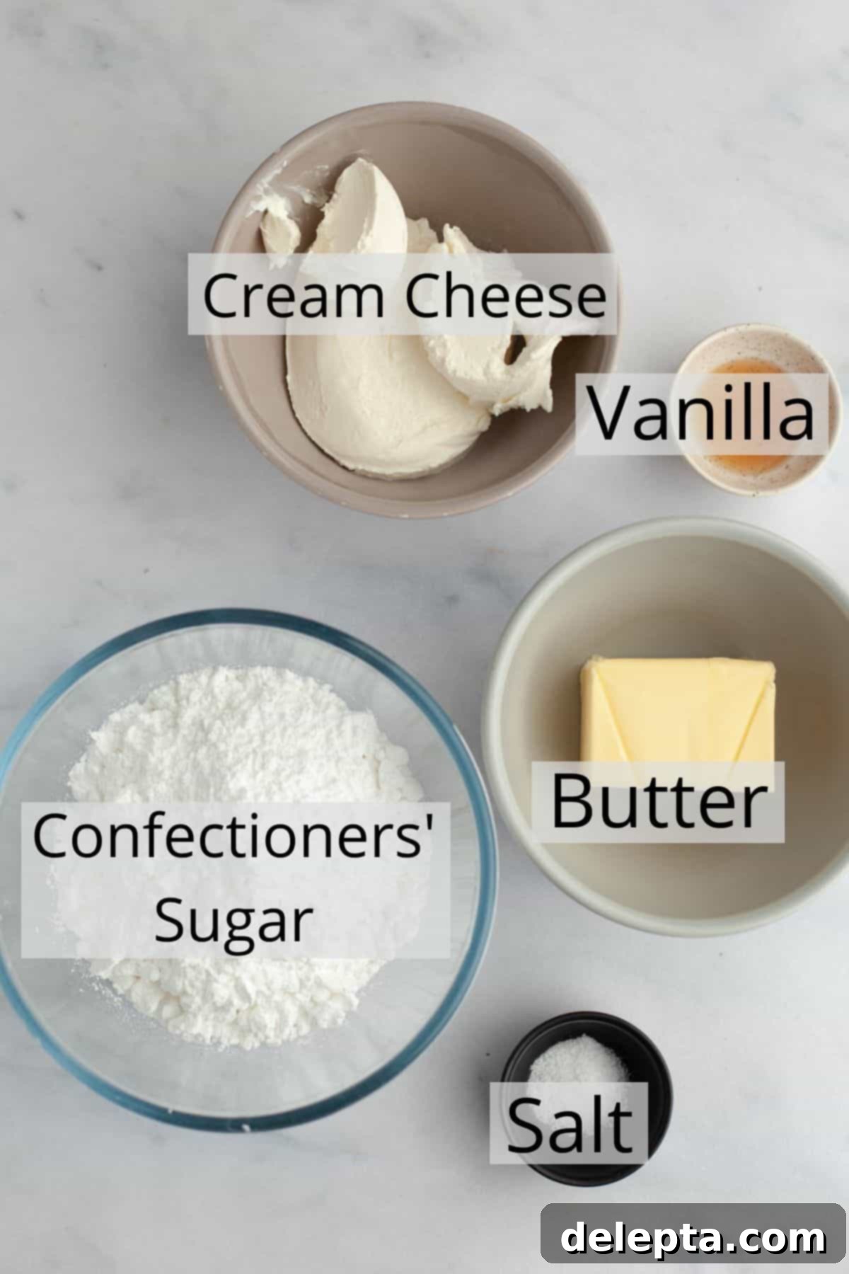 Brown Butter Cream Cheese Cardamom Cake 4 All the ingredients needed to make brown butter cream cheese frosting weighed out into small bowls, organized for convenience.