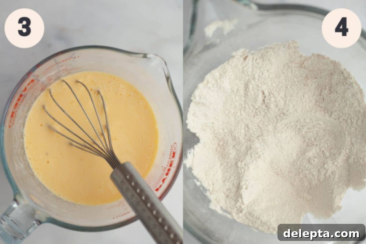 Brown Butter Cream Cheese Cardamom Cake 6 Steps 3 and 4 in the cardamom cake baking process, showing wet and dry ingredients being prepared.