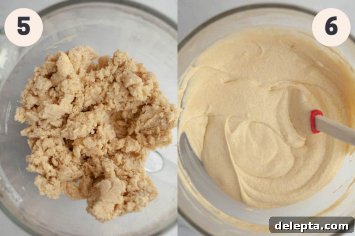 Brown Butter Cream Cheese Cardamom Cake 7 Steps 5 and 6 in the cardamom cake baking process, demonstrating the mixing of butter into dry ingredients and then wet into dry.
